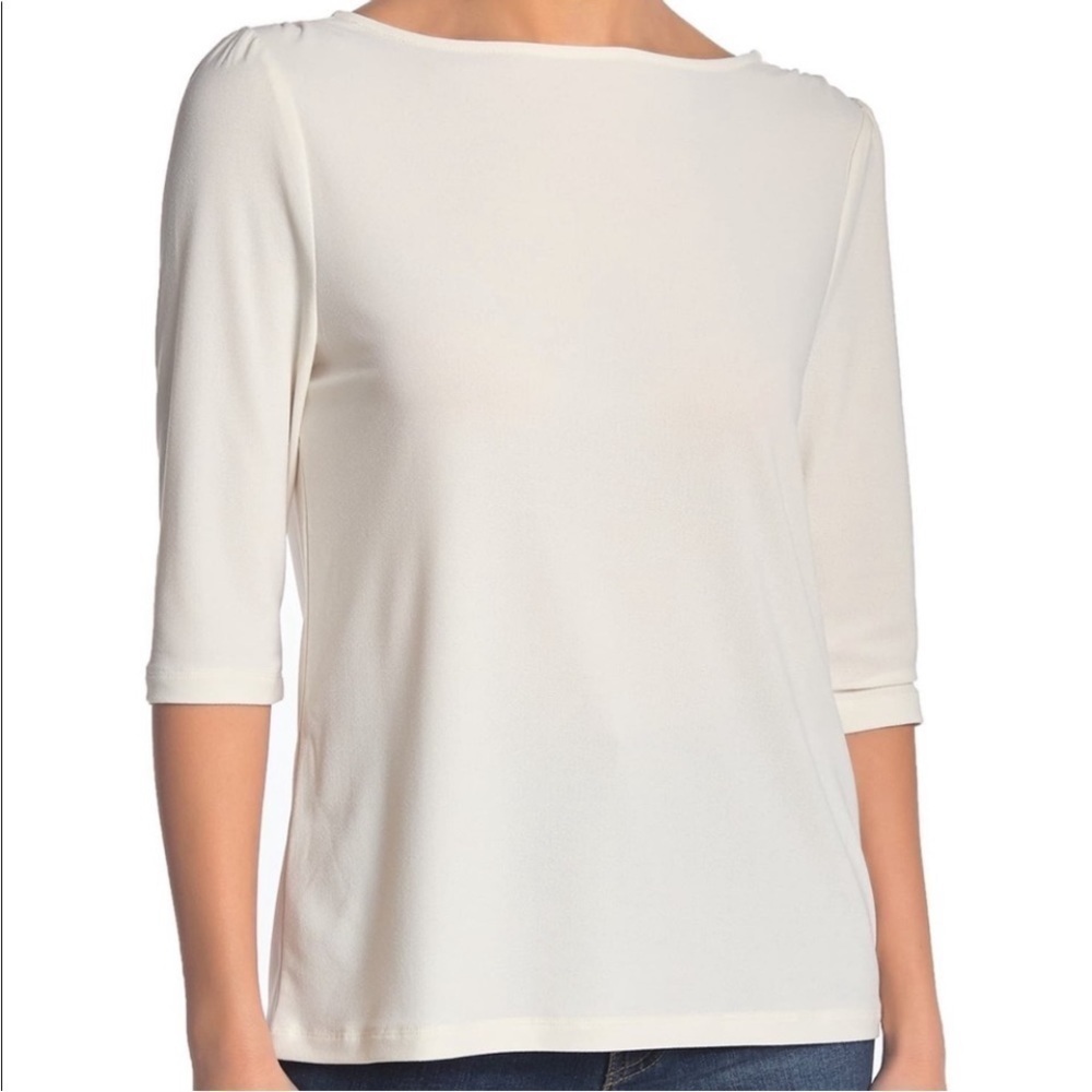 Halogen Cream Ivory 3/4 Elbow Sleeve Ruched Shoulder Top Shirt - Size Large